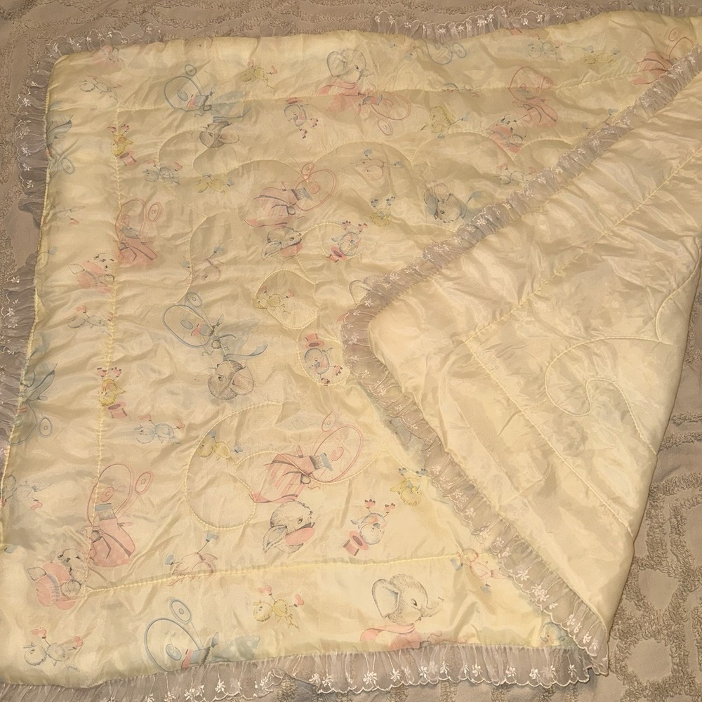 Vintage Yellow Nylon Quilted Baby Crib Blanket Lace Trim Mouse Elephant Bird